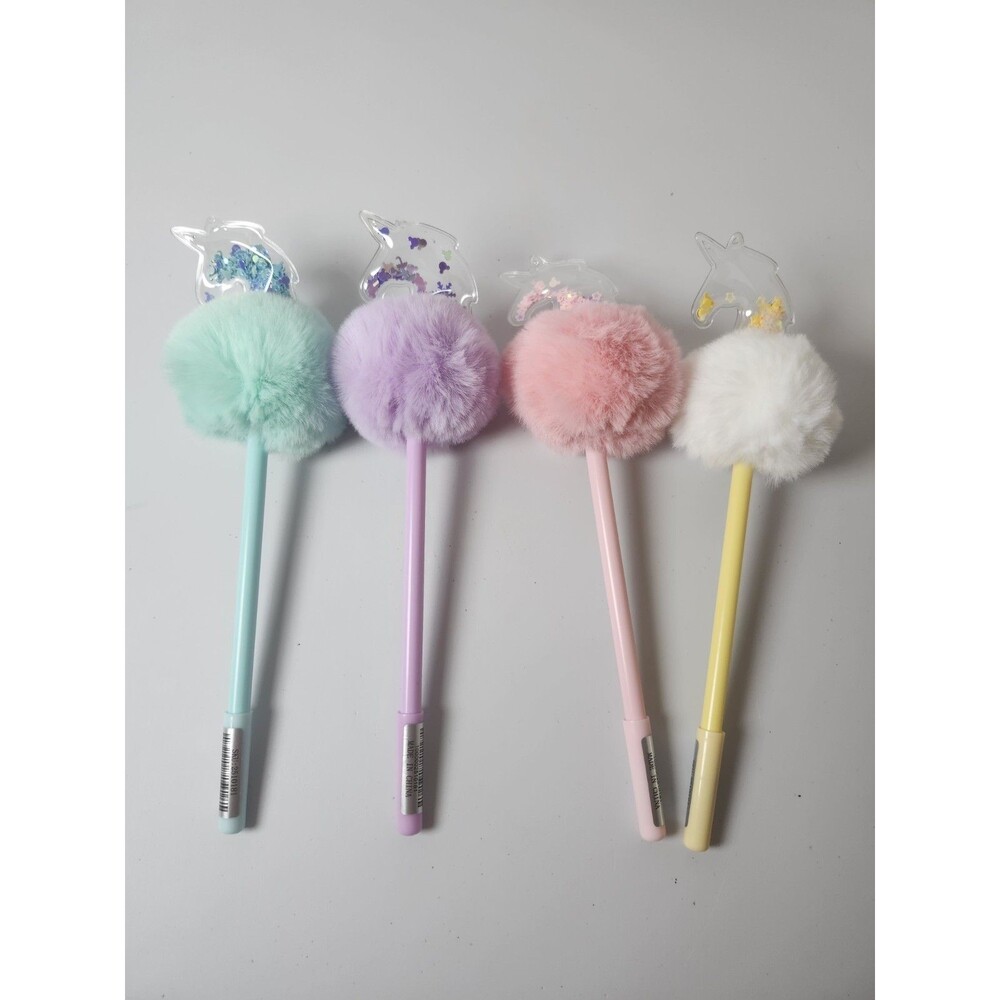 4 Pack Pom Pom With Unicorns Ballpoint Pens Fluffy Cute Pens